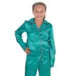 Girls Teal Green Long Sleeved Silky Satin Pyjama Set