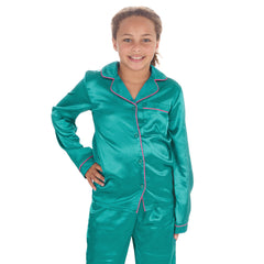 Girls Teal Green Long Sleeved Silky Satin Pyjama Set