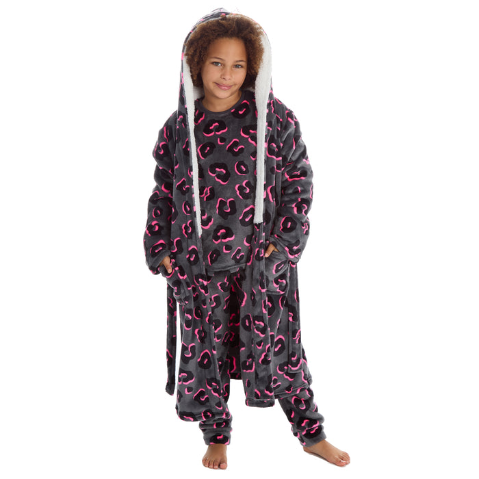 Girls Matching Nightwear Set Leopard Printed Pyjamas and Dressing Gown