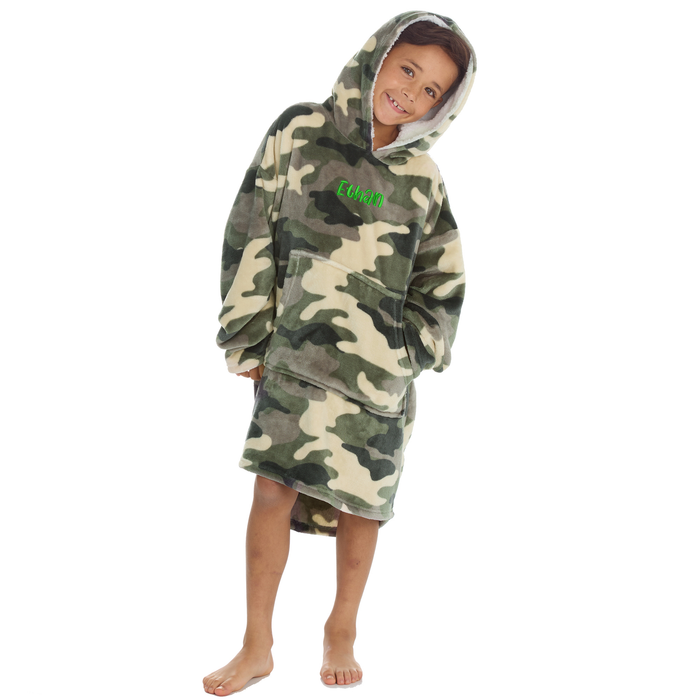 Personalised Boys Green Camo Blanket Hoodie with Green Thread Embroidery