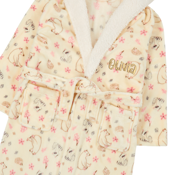 Personalised Girls Cream Woodland Hooded Dressing Gown with Gold Thread Embroidery