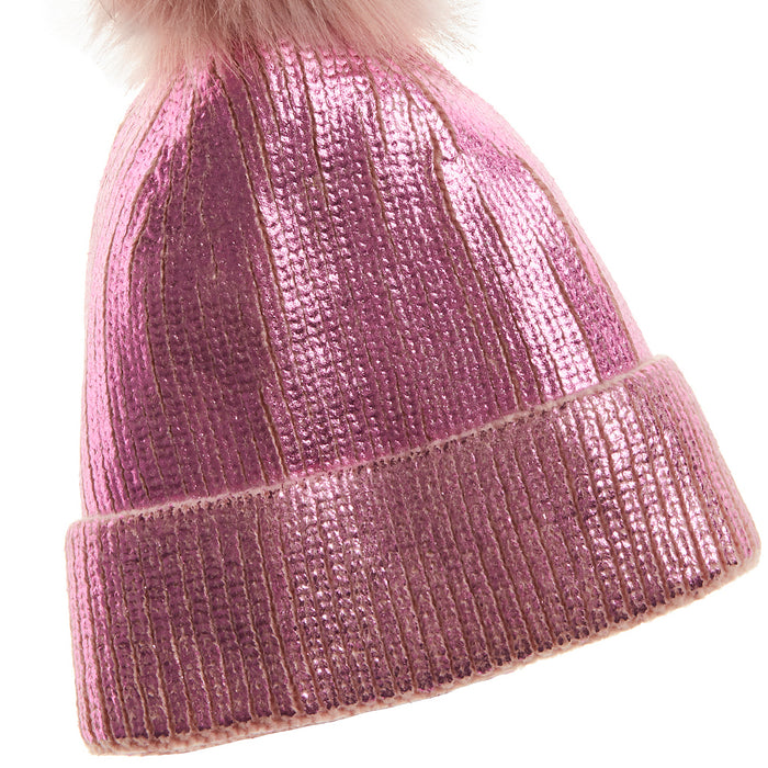 Girls Iridescent Metallic Pink Bobble Hat