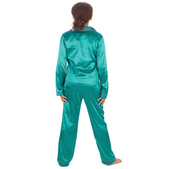 Girls Teal Green Long Sleeved Silky Satin Pyjama Set