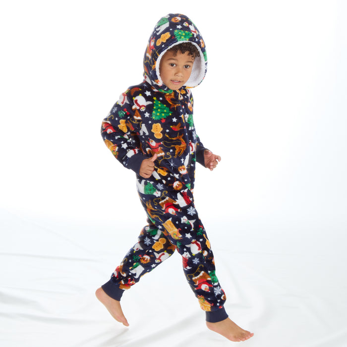 Kids Christmas Novelty Pyjamas Warm Fleece Onesie Navy