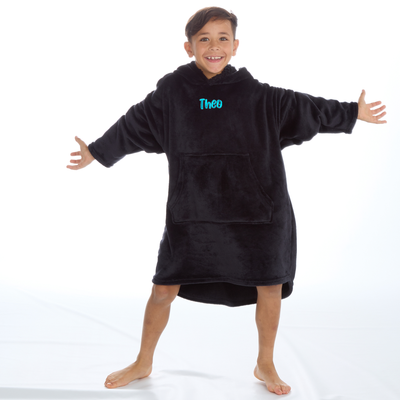 Personalised Boys Black Oversized Hoodie with Blue Thread Embroidery