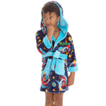 Personalised Boys Navy Dragon Dressing Gown with Green Thread Embroidery