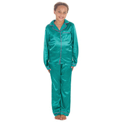 Girls Teal Green Long Sleeved Silky Satin Pyjama Set