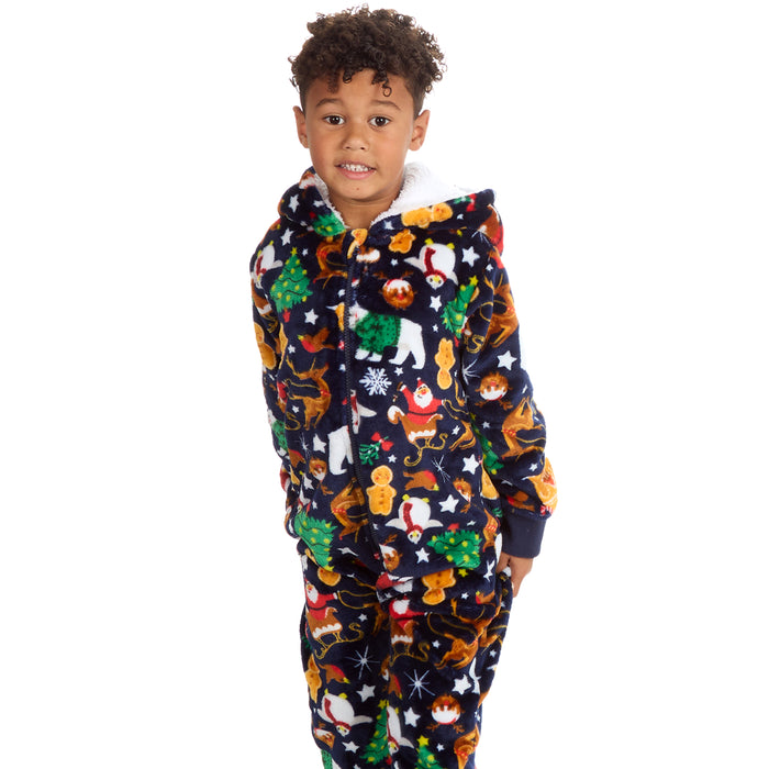 Kids Christmas Novelty Pyjamas Warm Fleece Onesie Navy