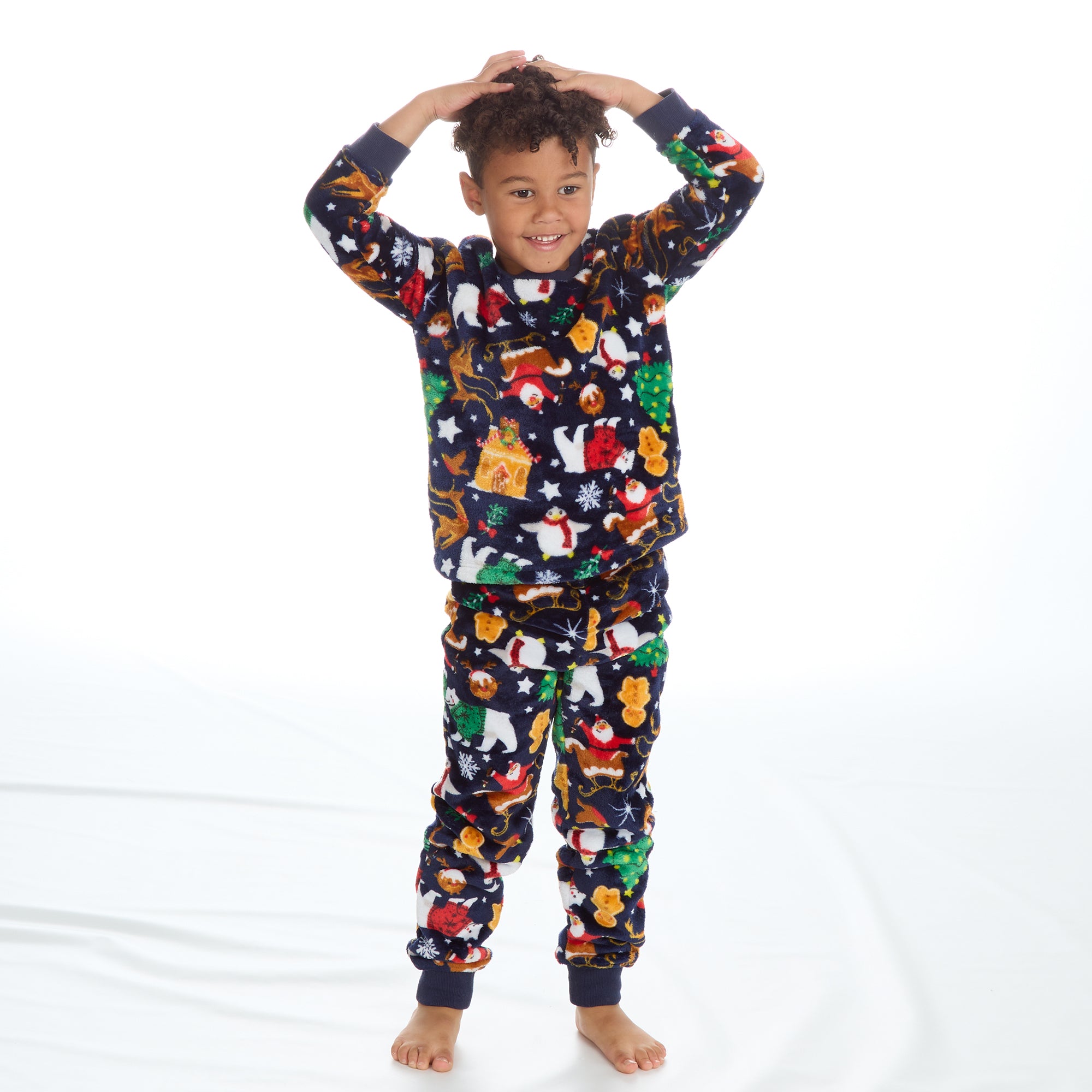 Infants Christmas Full Length Warm Fleece 2 Piece Pyjamas Set Navy Minikidz