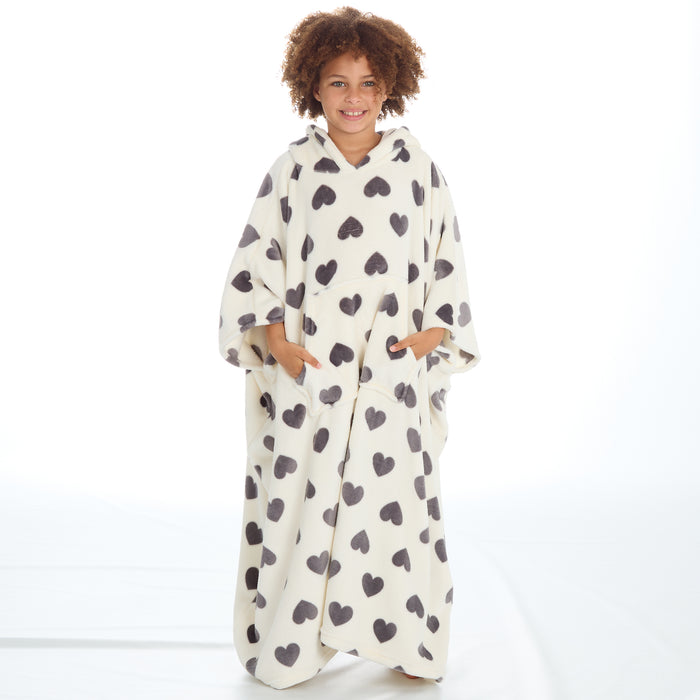 Girls Heart Print Oversize Hoodie Poncho Blanket One Size White Hearts