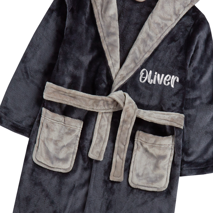 Personalised Boys Black Sherpa Dressing Gown with Light Grey Thread Embroidery