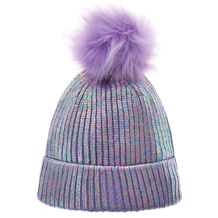 Girls Iridescent Metallic Purple Bobble Hat