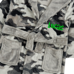 Personalised Boys Grey Camo Dressing Gown with Green Thread Embroidery
