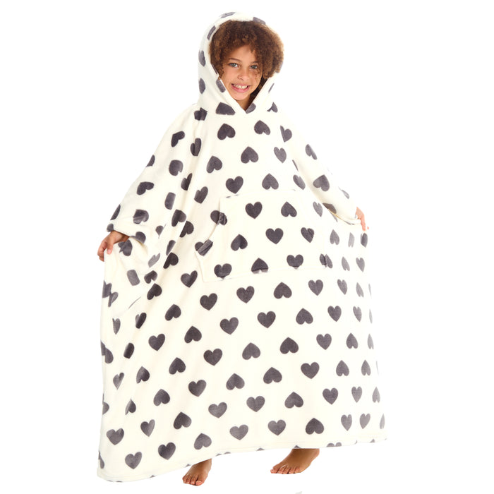 Girls Heart Print Oversize Hoodie Poncho Blanket One Size White Hearts