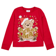 Boys Girls Christmas Theme Long Sleeved Pyjama Sets Red Teddy