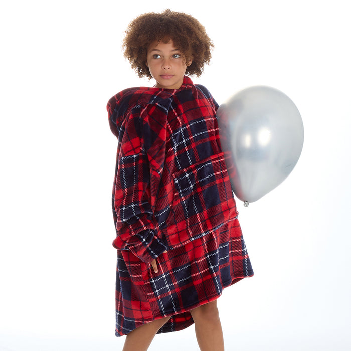 Girls Checked Red Oversized Blanket Hoodie