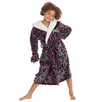 Personalised Girls Charcoal Pink Leopard Hooded Dressing Gown with Gold Thread Embroidery