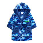 Personalised Boys Blue Shark Hooded Dressing Gown with Green Thread Embroidery