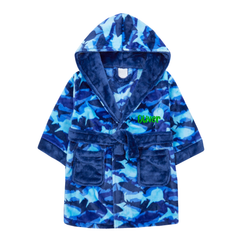 Personalised Boys Blue Shark Hooded Dressing Gown with Green Thread Embroidery