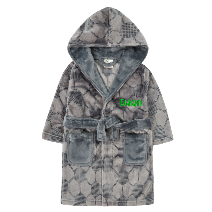  Personalised Boys Grey Football Hooded Dressing Gown with Green Thread Embroidery