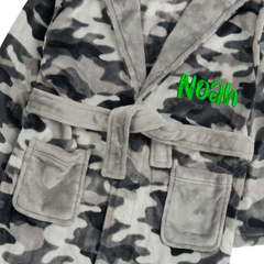 Personalised Boys Grey Camo Dressing Gown with Green Thread Embroidery