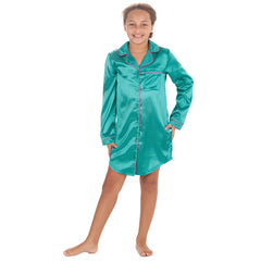 Girls Teal Green Long Sleeved Satin Nightshirt