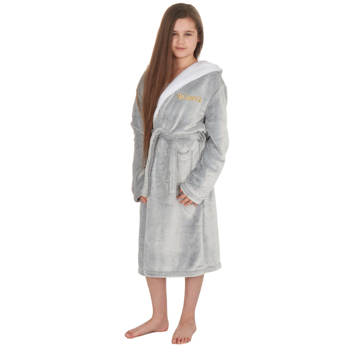 Personalised Girls Silver Hooded Dressing Gown with Gold Thread Embroidery  