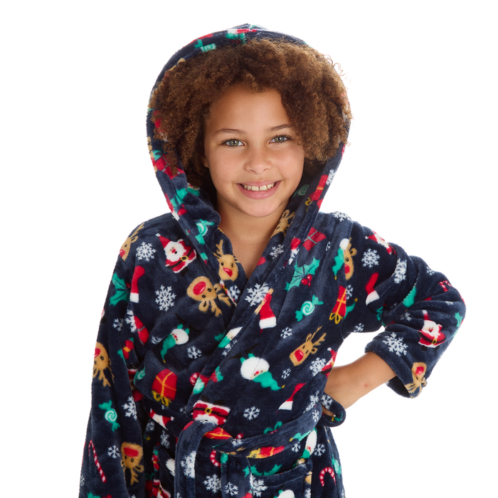 Girls Navy Hooded Xmas Dressing Gown