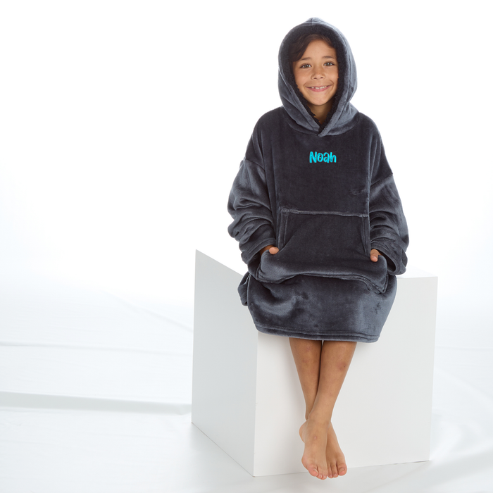 Personalised Boys Grey Oversized Hoodie with Blue Thread Embroidery