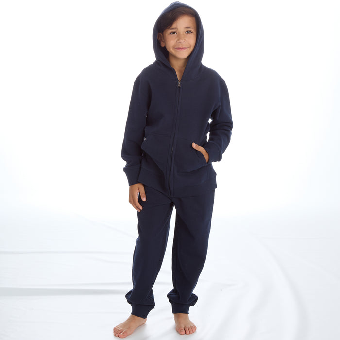 Boys Plain Cotton Rich Tracksuit Zip Up Hoodie and Joggers Set Navy