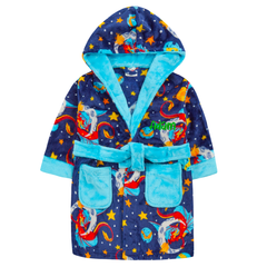 Personalised Boys Navy Dragon Dressing Gown with Green Thread Embroidery