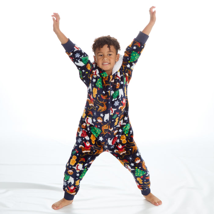 Kids Christmas Novelty Pyjamas Warm Fleece Onesie Navy