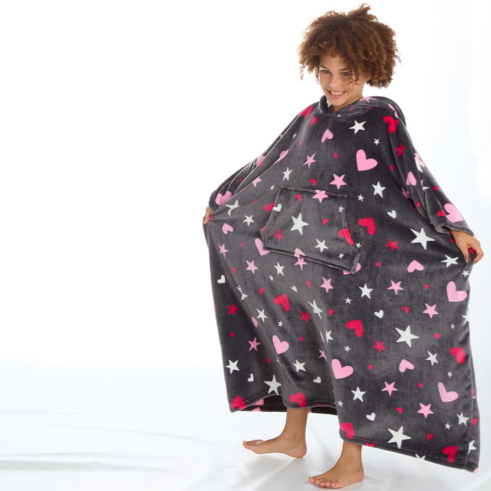 Girls Heart Print Oversized Blanket Poncho