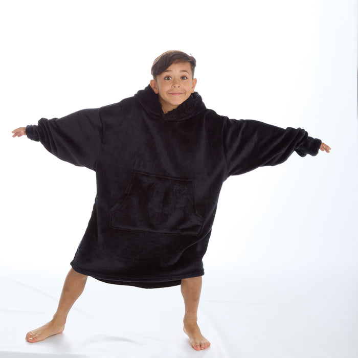 Kids Flannel Fleece Oversize Hoodie with Contrasting Borg Hood Lining Black