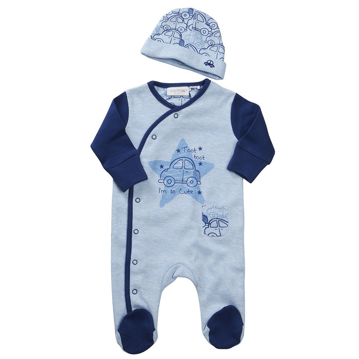 Baby Cars Contrast Sleepsuit and Hat 2 Piece Set