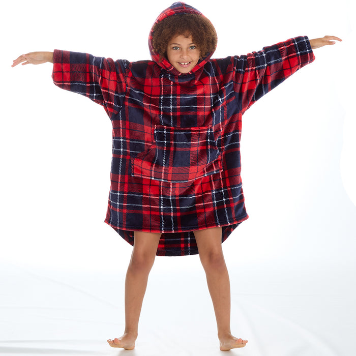 Girls Checked Red Oversized Blanket Hoodie