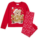 Boys Girls Christmas Theme Long Sleeved Pyjama Sets Red Teddy