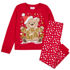 Boys Girls Christmas Theme Long Sleeved Pyjama Sets Red Teddy