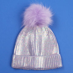 Girls Iridescent Metallic Purple Bobble Hat