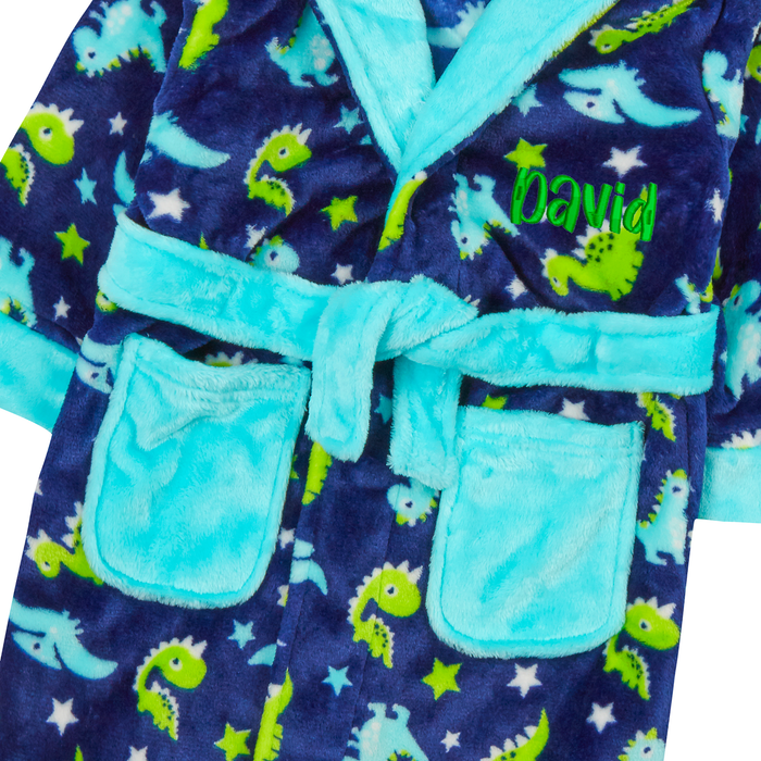 Personalised Boys Navy Dino Dressing Gown with Green Thread Embroidery