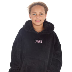 Personalised Girls Black Plain Oversized Blanket Hoodie