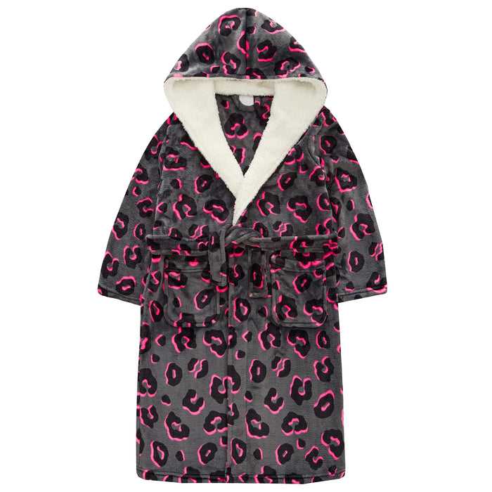 Personalised Girls Charcoal Pink Leopard Hooded Dressing Gown with Gold Thread Embroidery