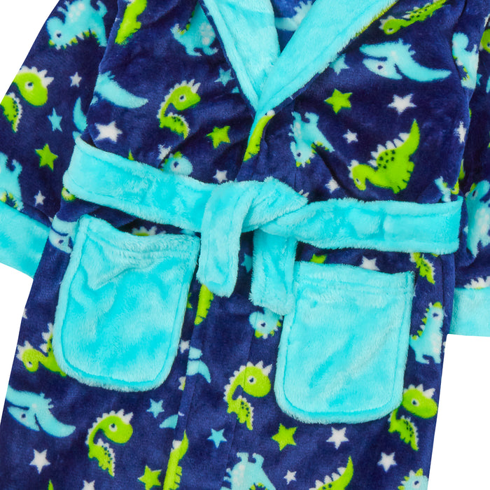 Personalised Boys Navy Dino Dressing Gown with Green Thread Embroidery