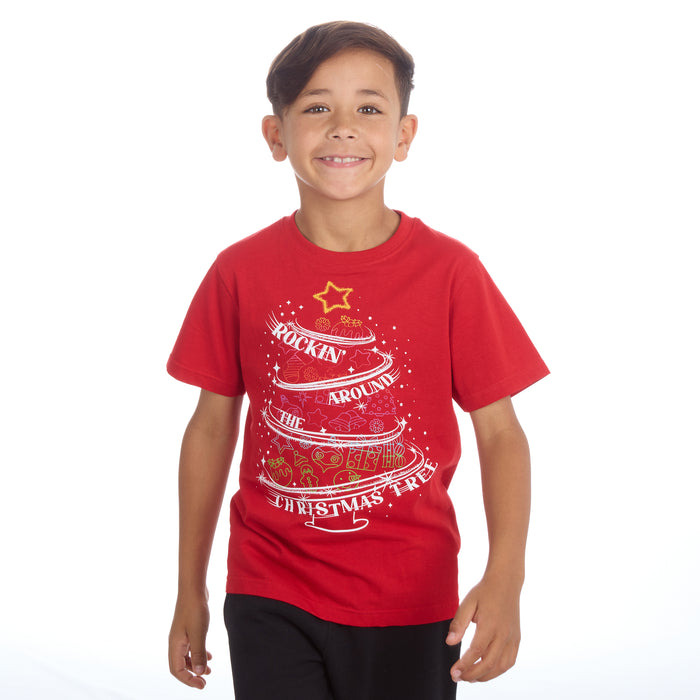 Kids Christmas Novelty Print Short Sleeve T-Shirt Red