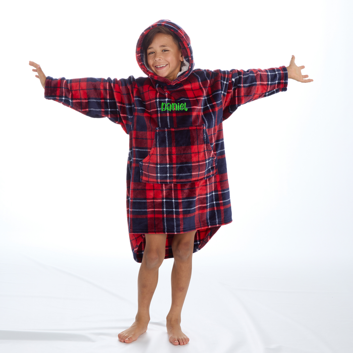 Personalised Boys Red Check Blanket Hoodie with Green Thread Embroidery