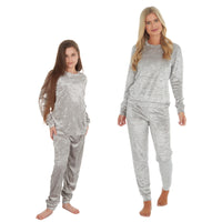MINI ME Womens and Girls Silver Crushed Velvet Matching Pyjama Sets