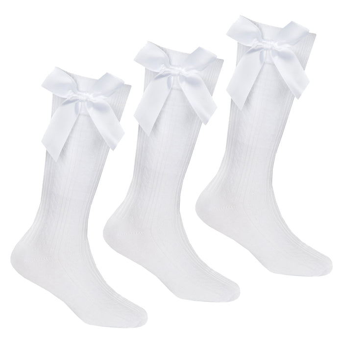 Girls White Knee High Socks with Bow 3 Pairs