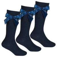 Girls Navy Knee High Socks with Bow 3 Pairs