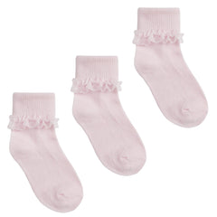 Lace Frill Ankle 3 Pairs Socks Pink