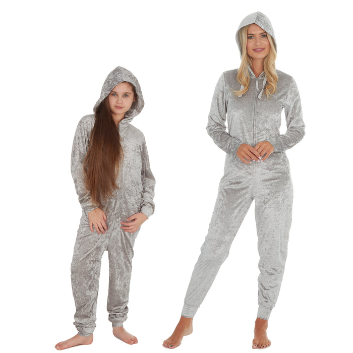 MINI ME Womens and Girls Silver Crushed Velvet Matching Onesies